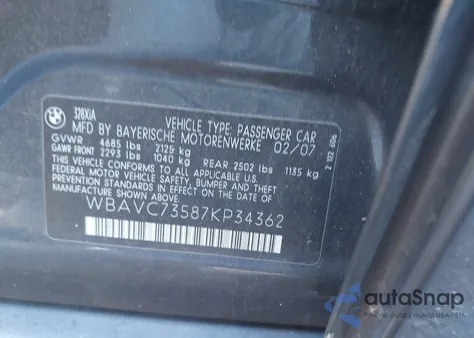 2007 BMW 328Xi z USA, uszkodzony, nr VIN WBAVC73587KP34362